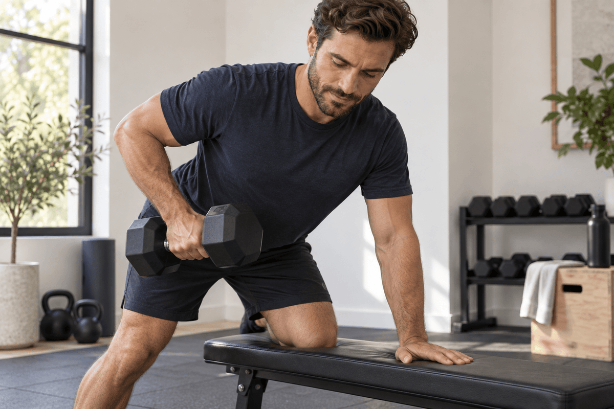 A man in a gym performing a rowing exercise with a hex dumbbell, wearing a navy blue t-shirt and black shorts, leaning over a black weight bench.
