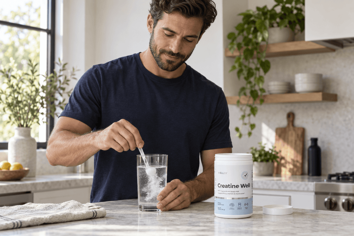 A man in a navy blue t-shirt stands in a bright kitchen, stirring a glass of water with a spoon. On the counter next to him is a white tub of Creatine Well with its lid off.