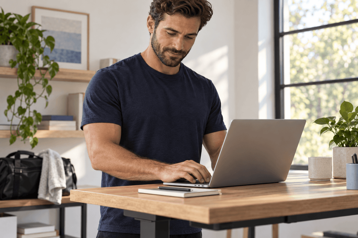 A man in a navy blue t-shirt working at a wooden standing desk with a laptop in a bright, modern home office.