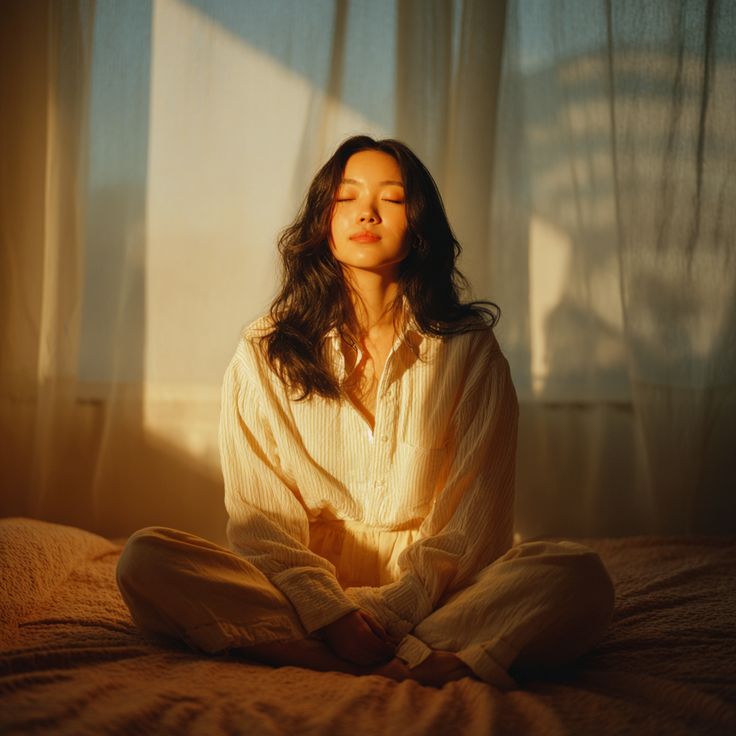 A woman engaging in gentle self-care in natural sunlight.