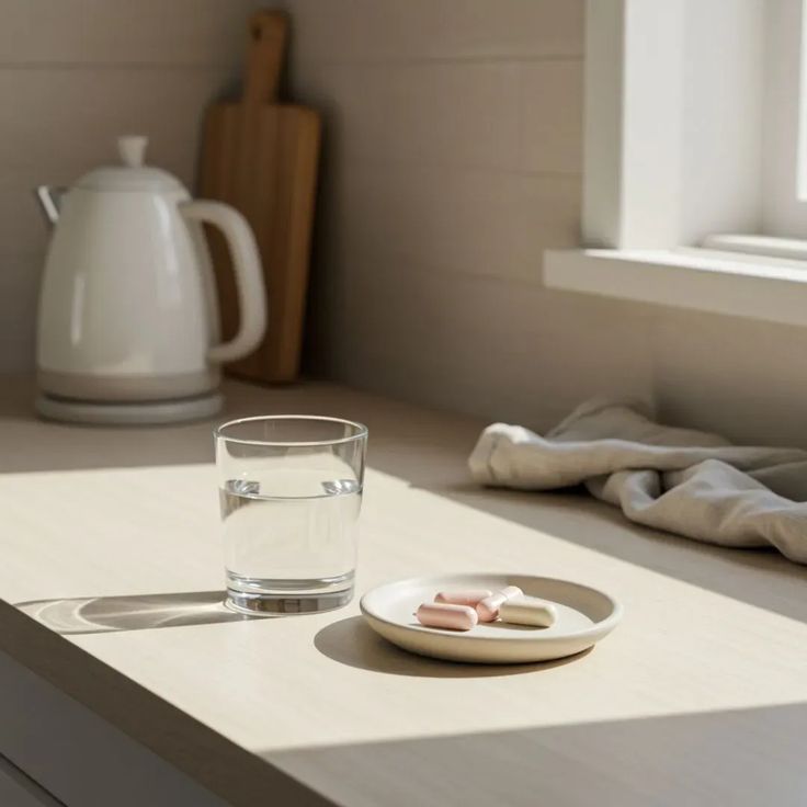 A minimalist kitchen counter in soft natural light with a glass of water and a small plate holding capsules, next to a white kettle and wooden cutting boards.