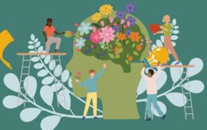 Illustration of a large human head silhouette filled with colorful flowers and plants, symbolizing mental health, brain function, and wellbeing. Four diverse people stand on ladders and platforms around the head, tending the flowers, holding a heart, and placing a lightbulb inside the brain area, representing care, growth, creativity, and cognitive support.