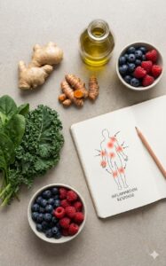 Flat lay of anti-inflammatory foods on a neutral surface, including leafy greens, ginger, turmeric, mixed berries, and olive oil. Beside the ingredients is an open notebook showing a diagram of the human body with highlighted areas labeled "inflammation response," illustrating the connection between nutrition and inflammation management.