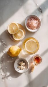Flat lay of wellness ingredients on a light marble surface, featuring fresh lemons, a glass of lemon water, pink Himalayan salt, a small dropper bottle with amber liquid, and dietary supplement capsules arranged in ceramic dishes under soft natural sunlight.