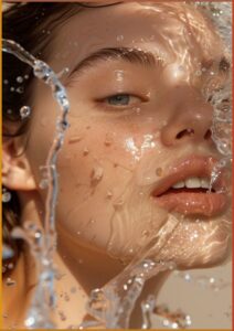 Close-up of a woman’s face surrounded by splashing water and droplets, highlighting hydrated, glowing skin.