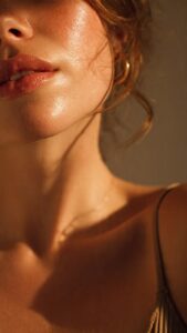 Close-up portrait of a woman’s face, neck, and shoulder illuminated by warm golden sunlight, highlighting glowing skin and natural texture.