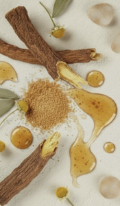 Licorice root sticks, ground licorice powder, golden honey, and small chamomile flowers arranged on a soft cream background.
