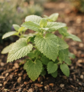 Close-up of a lemon balm plant with bright green, textured leaves growing in a garden bed.