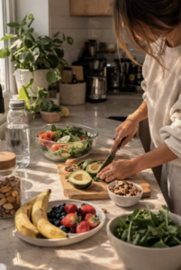 Woman preparing a fresh meal in a sunlit kitchen, slicing avocado beside bowls of leafy greens, berries, bananas, nuts, and salad.