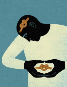 Illustration of a person holding their lower abdomen, with knotted rope symbols on the head and pelvic area representing pain, stress, or discomfort.