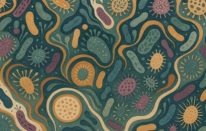 Colorful abstract illustration of diverse microorganisms and bacteria, representing the microbiome and microbial diversity.