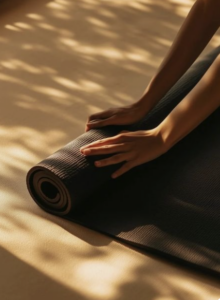 Close-up of a person rolling out a black yoga mat in warm sunlight, with soft shadows creating a calm, wellness-focused atmosphere.
