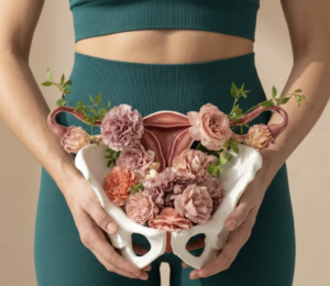 Woman in green activewear holding an anatomical model of the female pelvis, uterus, and ovaries decorated with pink flowers, symbolizing reproductive and hormonal health.